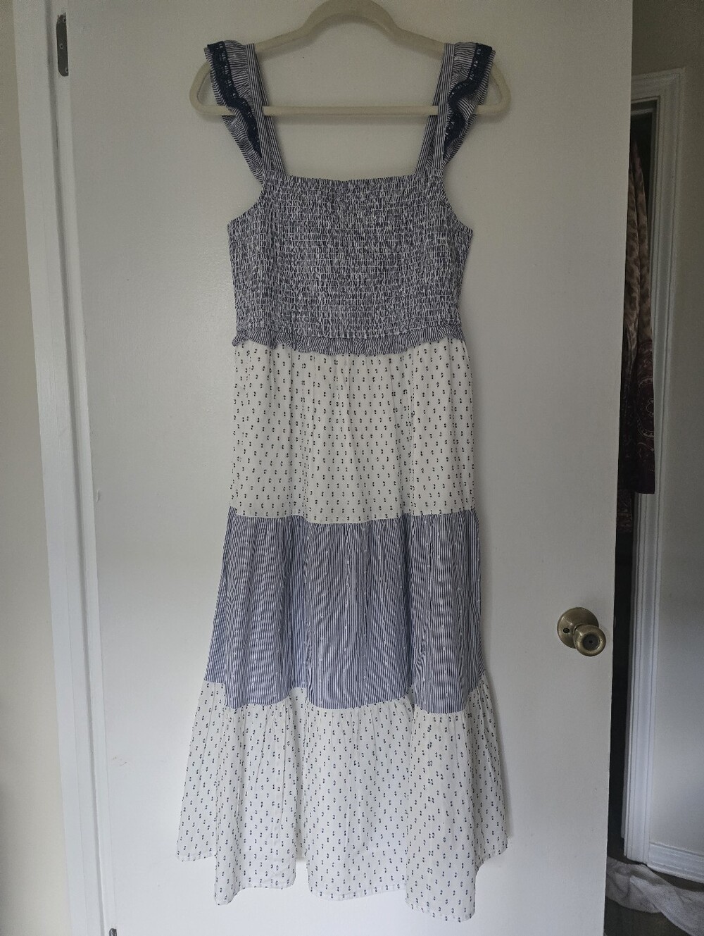 J. Crew Blue and White Tiered Maxi Dress Size M